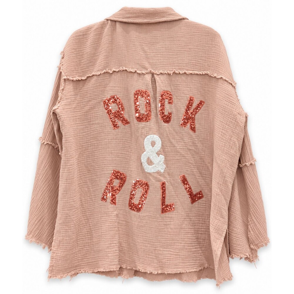Fantastic Fawn Women's L Pink Cotton Gauze Rock & Roll Sequin Button-Up Top Boho
